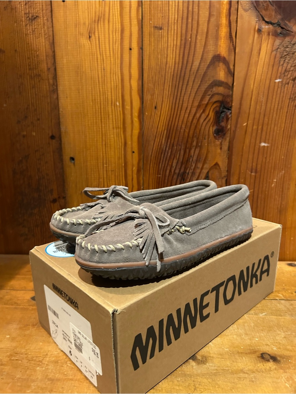 Minnetonka Women's Taupe Suede Kilty Moccasins